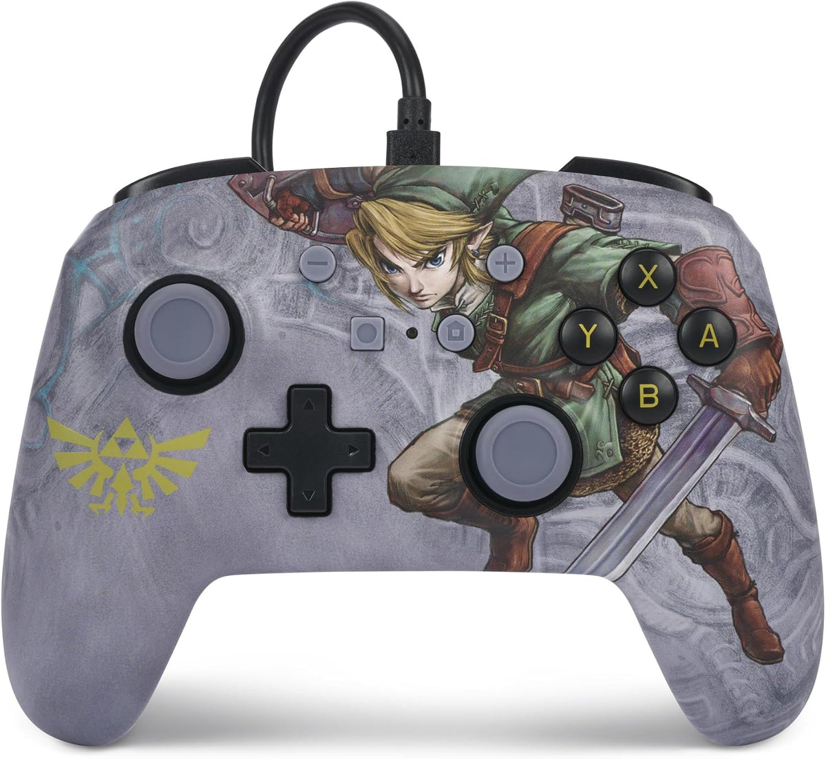 PowerA Zelda Valiant Link Enhanced Wired Controller for Nintendo Switch, front view showing the grey casing, Link artwork, Hylian Crest, analogue sticks and gaming buttons.