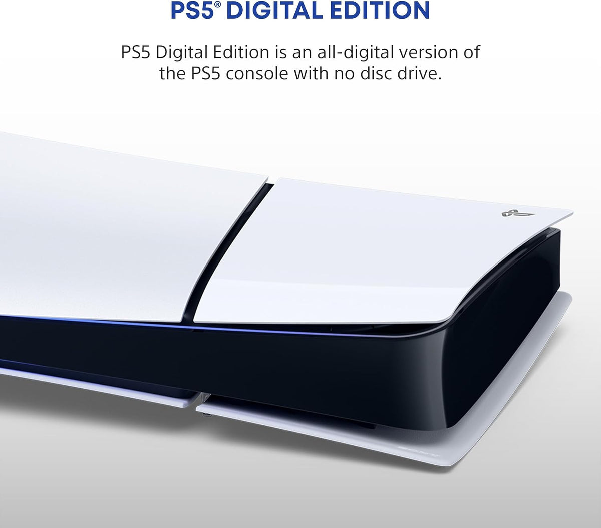 PS5 Digital Edition console lying horizontally, showing its white panels and black centre