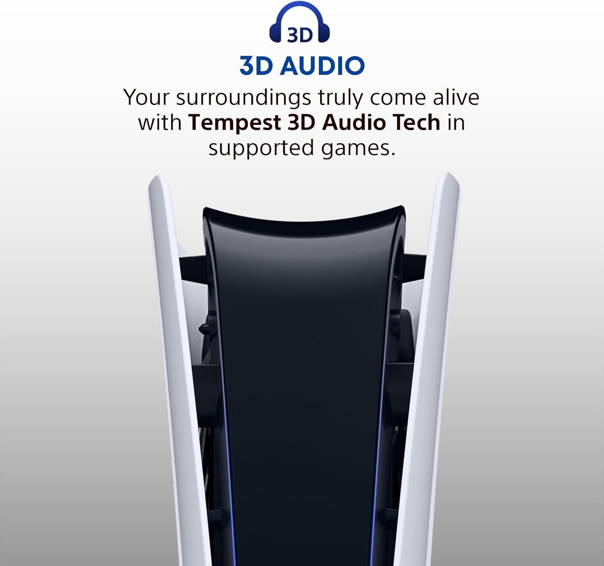 Rear view of the upright PS5 Digital Edition console showing its black centre and white side panels