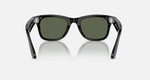 Ray-Ban Meta Wayfarer AI Smart Glasses in Shiny Black with G-15 Green lenses, shown with the temples open to display the full frame design.