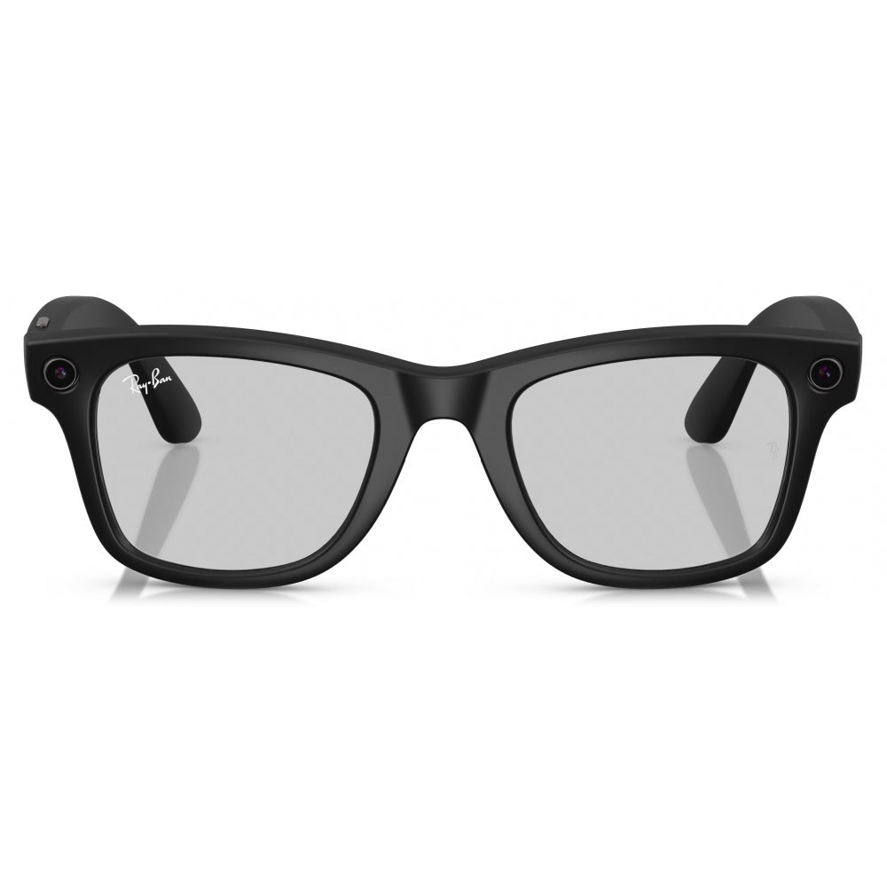 Ray-Ban Meta Wayfarer Smart Glasses in Matte Black with clear Transitions lenses, front view showing the classic frame, built-in camera and lens.