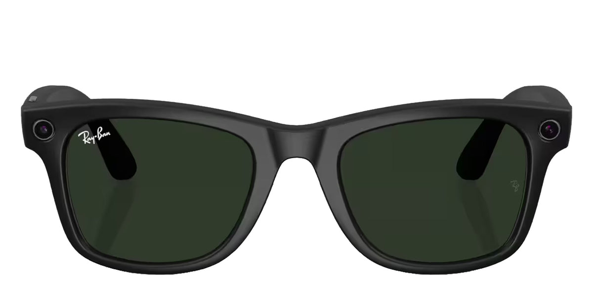 Ray-Ban Meta Wayfarer Smart Glasses in Matte Black showing the Transitions lenses darkened to green, with integrated cameras and classic Wayfarer styling.