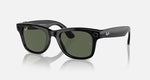 Ray-Ban Meta Wayfarer Smart Sunglasses in Shiny Black with G-15 Green lenses, angled side view showing the integrated camera, frame and temples.