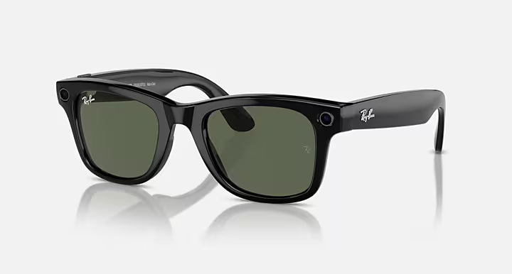 Ray-Ban Meta Wayfarer Smart Sunglasses in Shiny Black with G-15 Green lenses, angled side view showing the integrated camera, frame and temples.