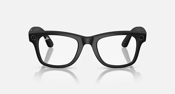 Front view of Ray-Ban Meta Wayfarer Smart Glasses in Matte Black with clear to green Transitions lenses that darken in response to UV light.