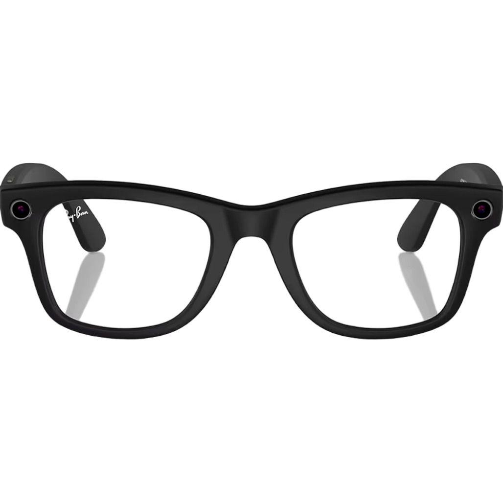 Front view of Ray-Ban Meta Wayfarer Smart Glasses in Matte Black with clear to green Transitions lenses that darken in response to UV light.