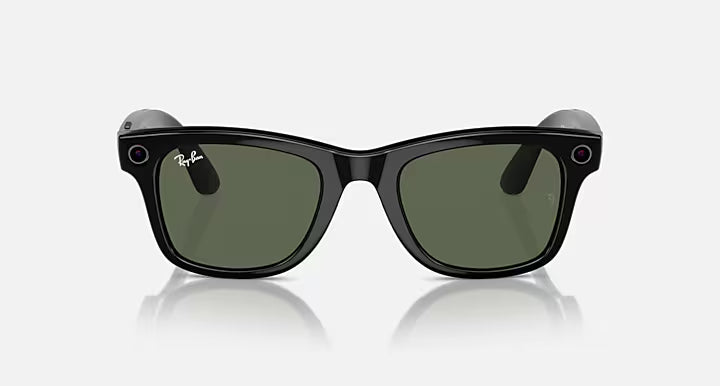 Ray-Ban Meta Wayfarer Smart Glasses in Shiny Black with G-15 Green lenses, front view showing the classic Wayfarer frame and built-in camera.