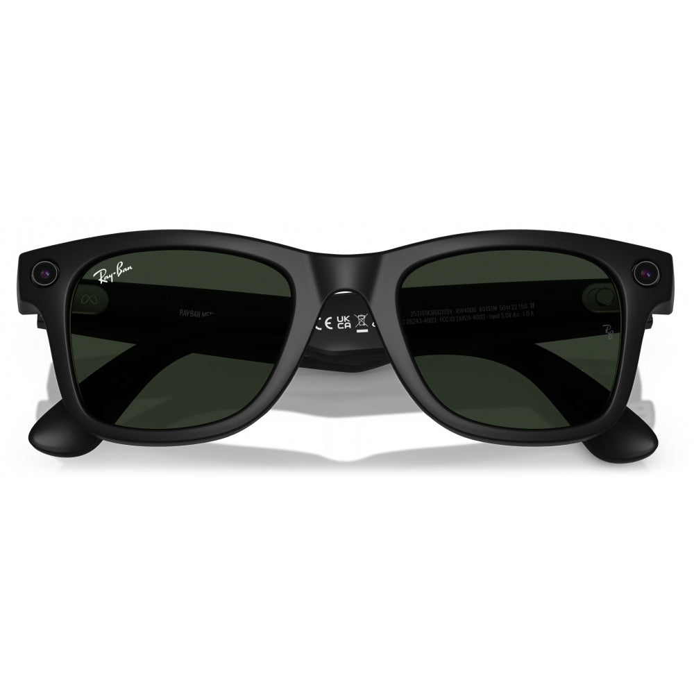 Black Ray-Ban Meta Wayfarer sunglasses with dark green lenses, shown from the front on a white background.