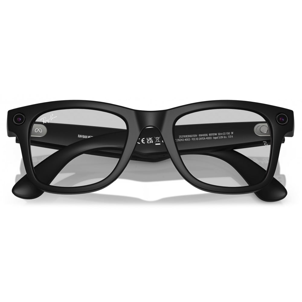 Black Ray-Ban Meta  smart glasses with a rectangular frame, dark lenses, and small camera lenses on the outer corners, shown on a white background.