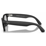 Ray-Ban Meta sunglasses with matte black frames and temples, featuring the Ray-Ban logo on the side, shown on a reflective white surface.