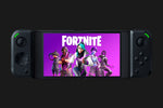 Razer Junglecat dual-sided wireless gaming controller for Android, shown attached to a smartphone displaying Fortnite with black controls and green accents.