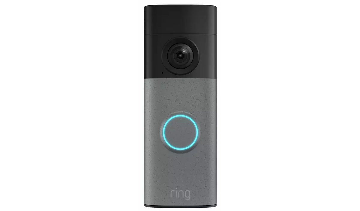 Front view of the Ring Battery Video Doorbell 2K 2nd Gen in Speckled Grey with camera and illuminated doorbell button