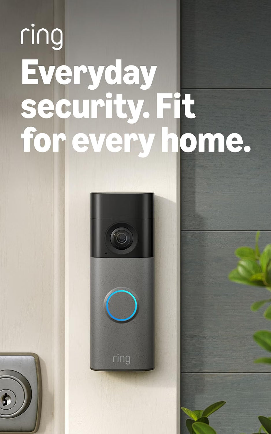 Ring Battery Video Doorbell 2K in Speckled Grey installed beside a front door for home security