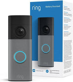 Ring Battery Video Doorbell 2K 2nd Gen in Speckled Grey shown with its retail packaging