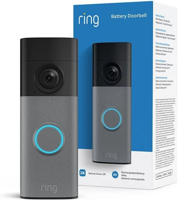 Ring Battery Video Doorbell 2K 2nd Gen in Speckled Grey shown with its retail packaging