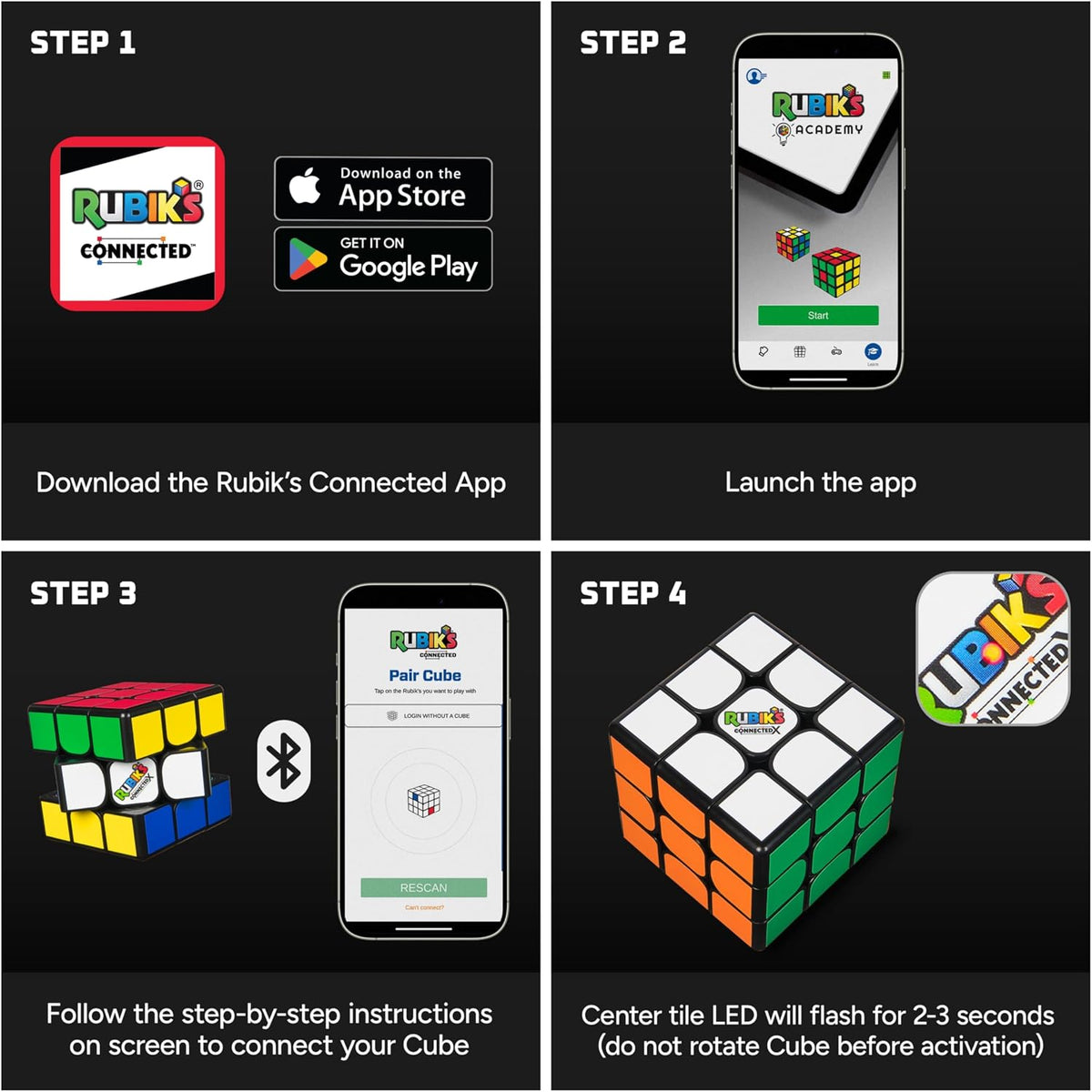 Four-panel setup graphic showing the Rubik's Connected app, smartphone screens and cube