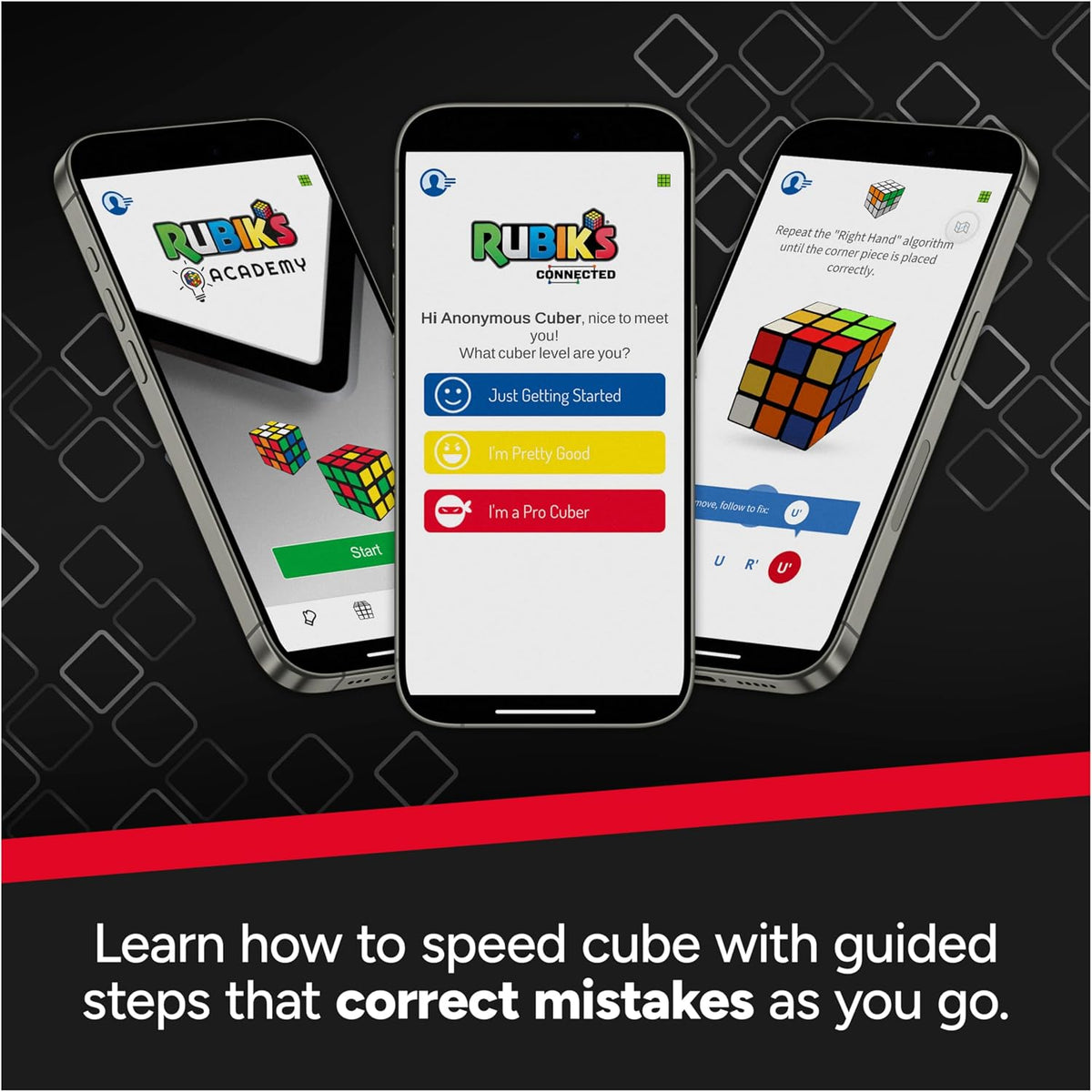 Three smartphone screens displaying Rubik's ConnectedX cube-solving guides