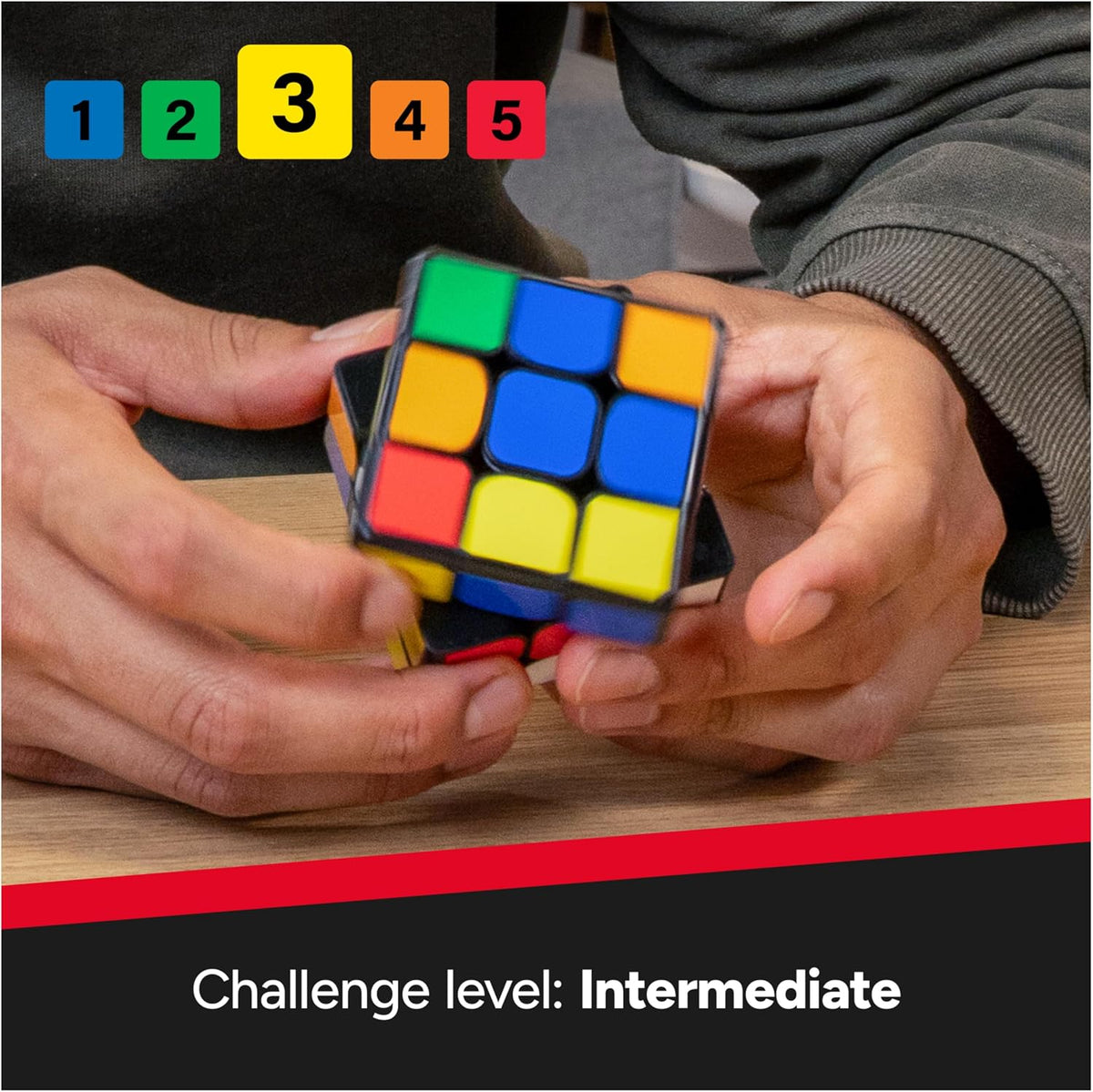 Close-up of hands holding a scrambled Rubik's Cube ConnectedX beneath numbered coloured icons