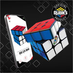 Rubik's Cube ConnectedX beside a smartphone showing a matching virtual cube
