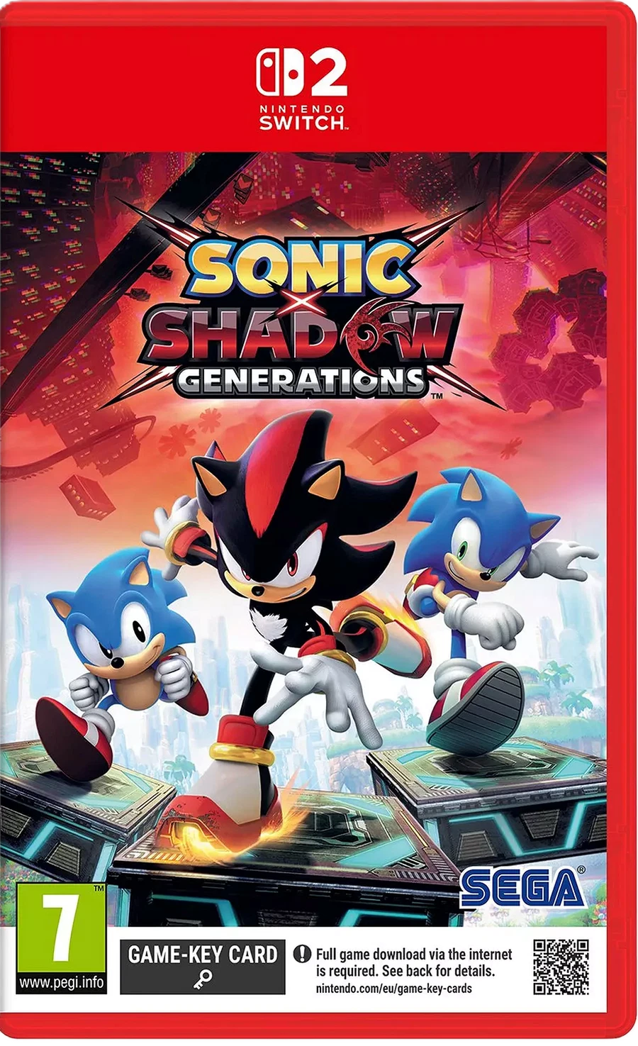Sonic X Shadow Generations Nintendo Switch 2 Game-Key Card edition featuring Sonic the Hedgehog and Shadow on the official SEGA game cover artwork.