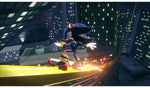 Sonic X Shadow Generations Nintendo Switch 2 gameplay featuring Shadow the Hedgehog racing along illuminated pathways through a futuristic city environment.