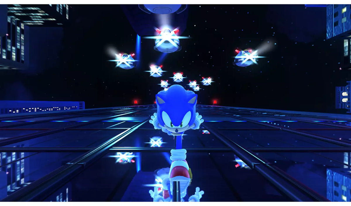 Sonic X Shadow Generations Nintendo Switch 2 gameplay featuring Sonic the Hedgehog running through a futuristic blue-lit level with flying enemies.