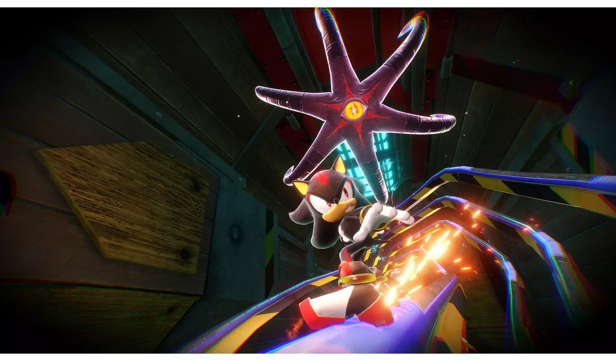 Sonic X Shadow Generations Nintendo Switch 2 gameplay showing Shadow the Hedgehog in a fast-paced encounter with a glowing mechanical enemy.