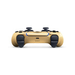 Top view of the Sony DualSense 007 First Light Limited Edition controller for PS5, showing the black shoulder buttons, adaptive triggers and metallic gold casing.