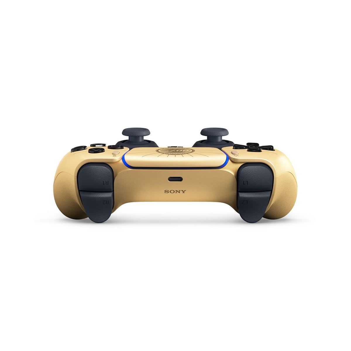 Top view of the Sony DualSense 007 First Light Limited Edition controller for PS5, showing the black shoulder buttons, adaptive triggers and metallic gold casing.