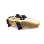 Sony DualSense 007 First Light Limited Edition PS5 controller shown from a low side angle, highlighting its metallic gold finish, black analogue sticks and ergonomic design.