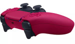 Sony PS5 DualSense Cosmic Red wireless controller shown from an angled side view, highlighting its red finish, ergonomic grips and black controls.