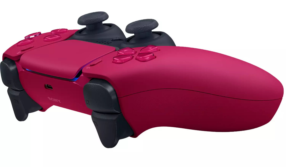 Sony PS5 DualSense Cosmic Red wireless controller shown from an angled side view, highlighting its red finish, ergonomic grips and black controls.