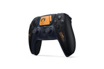 Death Stranding 2 On the Beach Limited Edition DualSense wireless controller for PlayStation 5, shown at an angle with exclusive orange detailing and analogue sticks.