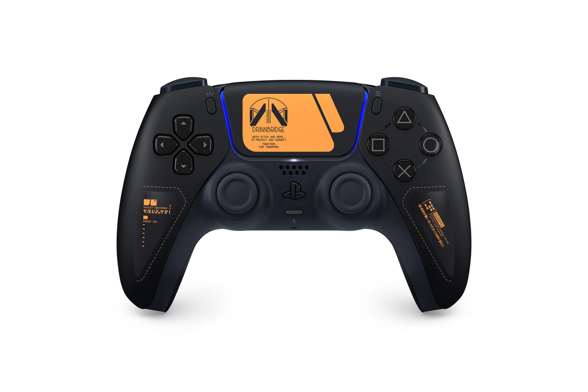 Sony PS5 DualSense Death Stranding 2 Limited Edition wireless controller front view, featuring black styling, orange DRAWBRIDGE artwork and blue light accents.