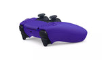 Sony DualSense Galactic Purple wireless controller for PS5 shown from a side angle, highlighting its purple finish, ergonomic grips, black controls and curved design.