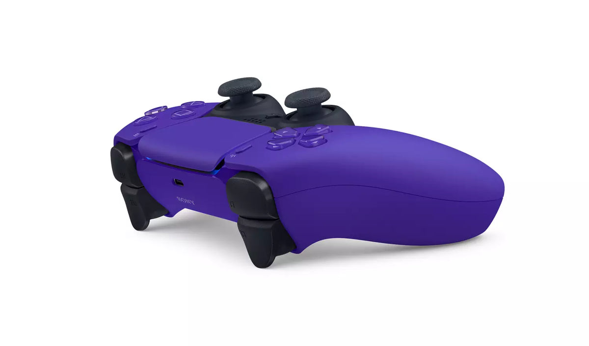 Sony DualSense Galactic Purple wireless controller for PS5 shown from a side angle, highlighting its purple finish, ergonomic grips, black controls and curved design.