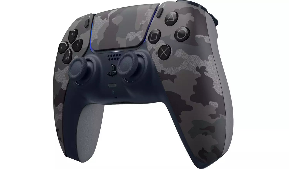 Rear view of the Sony DualSense Grey Camouflage wireless controller for PS5, showing the distinctive grey camouflage pattern, curved back casing and ergonomic grips.