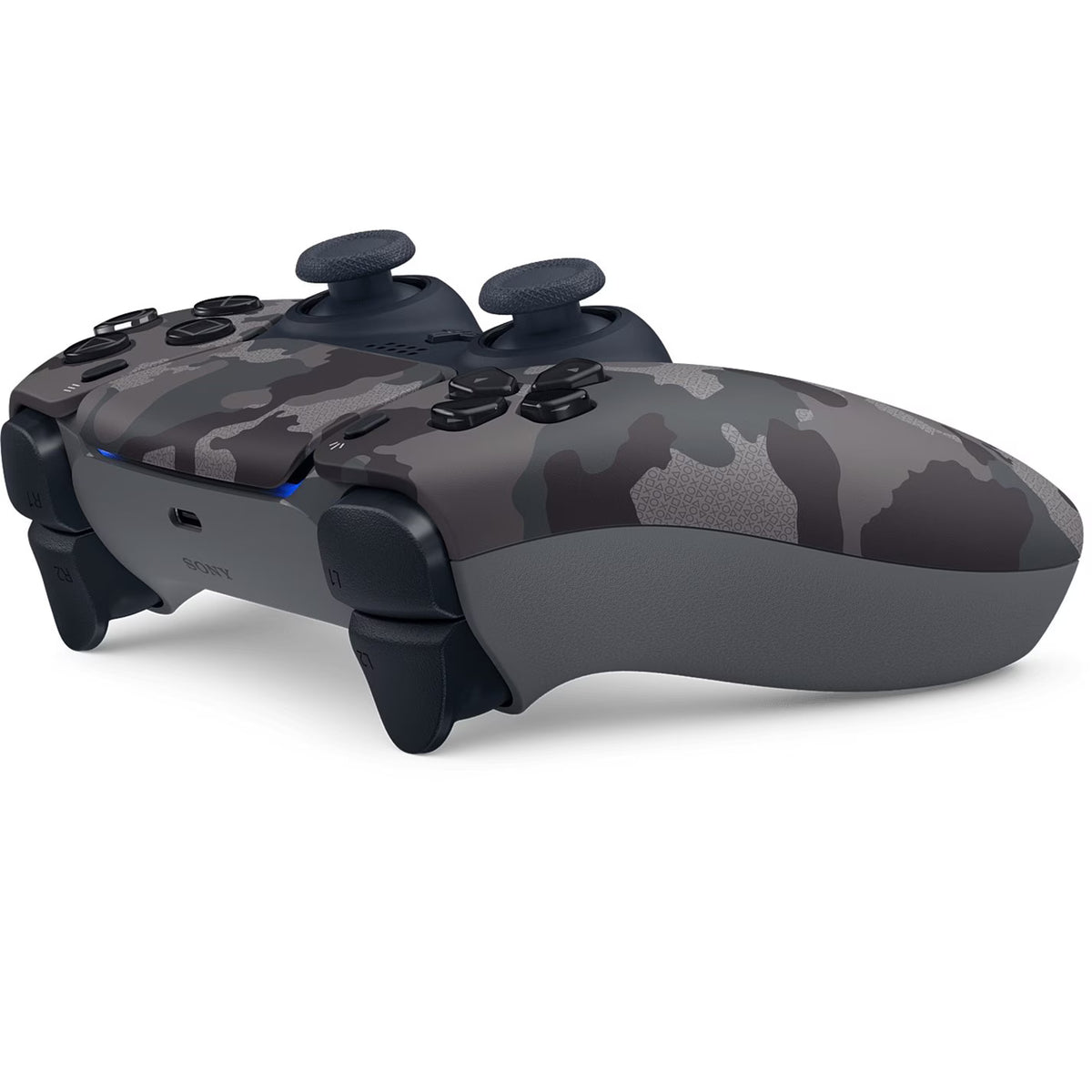 Sony DualSense Grey Camouflage PS5 wireless controller shown from a low side angle, highlighting the camouflage finish, ergonomic grip, analogue sticks and shoulder buttons.