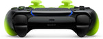Top view of the Sony PlayStation 5 DualSense Remix Green controller, showing the black shoulder buttons, adaptive triggers, green analogue sticks and distinctive two-tone design.