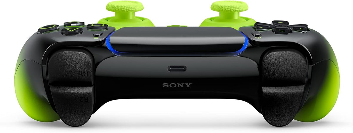 Top view of the Sony PlayStation 5 DualSense Remix Green controller, showing the black shoulder buttons, adaptive triggers, green analogue sticks and distinctive two-tone design.