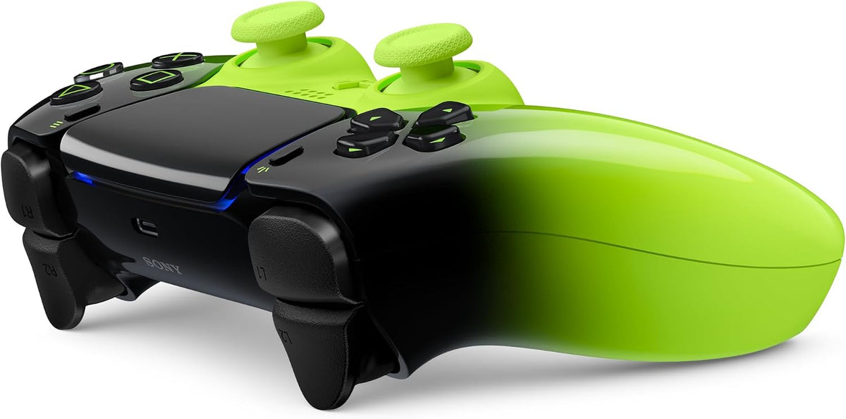 Sony DualSense Remix Green PS5 wireless controller shown at an angle, highlighting its striking neon green and black HYPERPOP design, ergonomic grips and shoulder buttons.