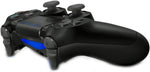 Official Sony DualShock 4 Jet Black PS4 wireless controller shown at an angle, highlighting its ergonomic shape, textured grips, analogue sticks and black finish.