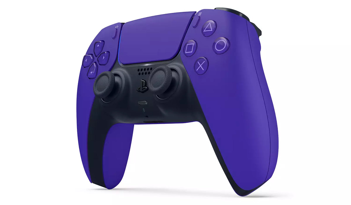 Rear view of the official Sony DualSense Galactic Purple PS5 wireless controller, showing the distinctive purple back casing, shoulder buttons and ergonomic handles.