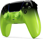 Rear view of the Sony DualSense Remix Green Wireless Controller for PlayStation 5, showing the bright green back casing, black upper section and ergonomic handles.