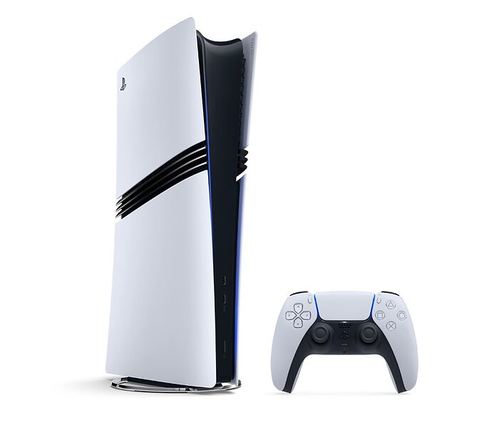 Sony PlayStation 5 Pro 2TB Digital Edition shown at an angle with the official white DualSense wireless controller, featuring the signature PlayStation design and black central panels.