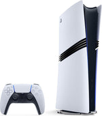 Sony PlayStation 5 Pro 2TB Digital Console in White, shown vertically with the official DualSense wireless controller, distinctive black centre panels and PS5 Pro design.