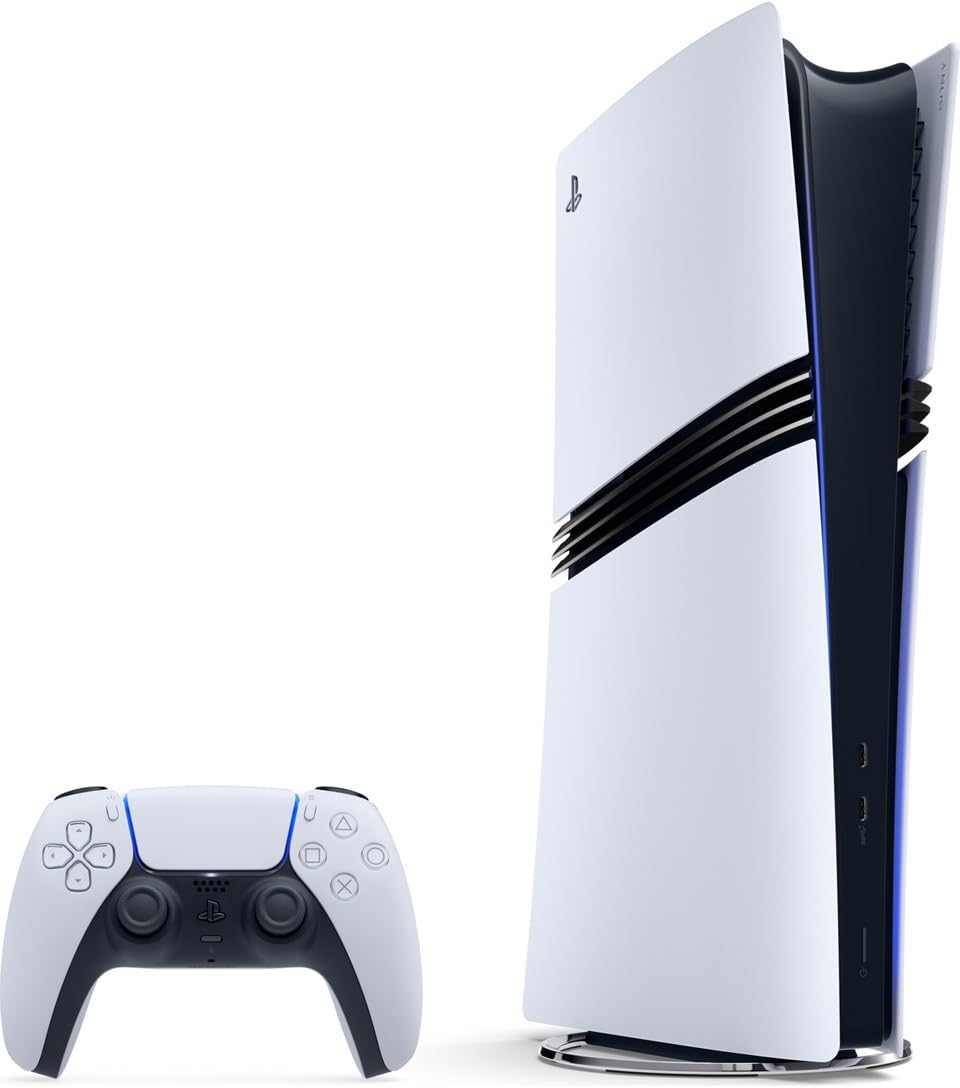 Sony PlayStation 5 Pro 2TB Digital Console in White, shown vertically with the official DualSense wireless controller, distinctive black centre panels and PS5 Pro design.