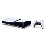 Sony PlayStation 5 Pro 2TB Digital Console displayed horizontally with a white DualSense wireless controller, showing the console's compact layered design and black detailing.
