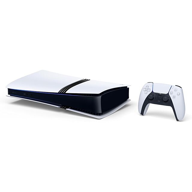 Sony PlayStation 5 Pro 2TB Digital Console displayed horizontally with a white DualSense wireless controller, showing the console's compact layered design and black detailing.