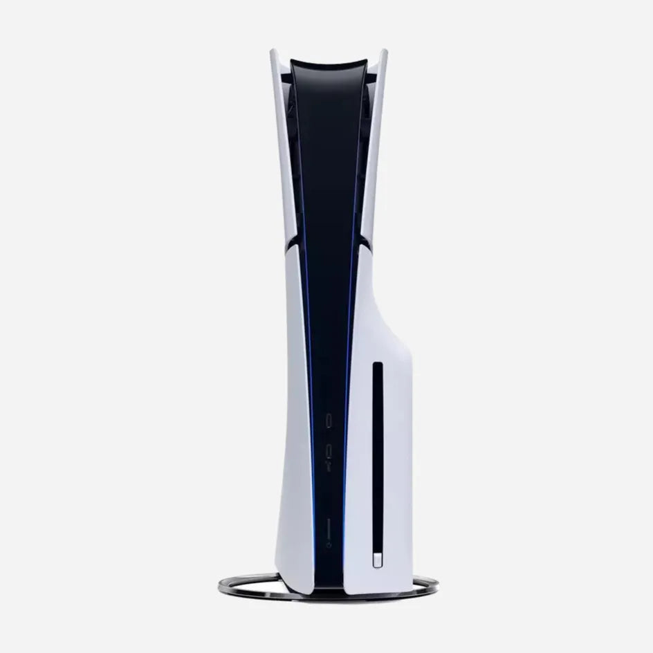 Sony PlayStation 5 Slim Disc Edition 1TB console shown vertically, highlighting its white outer panels, black central section and distinctive slim PlayStation design.